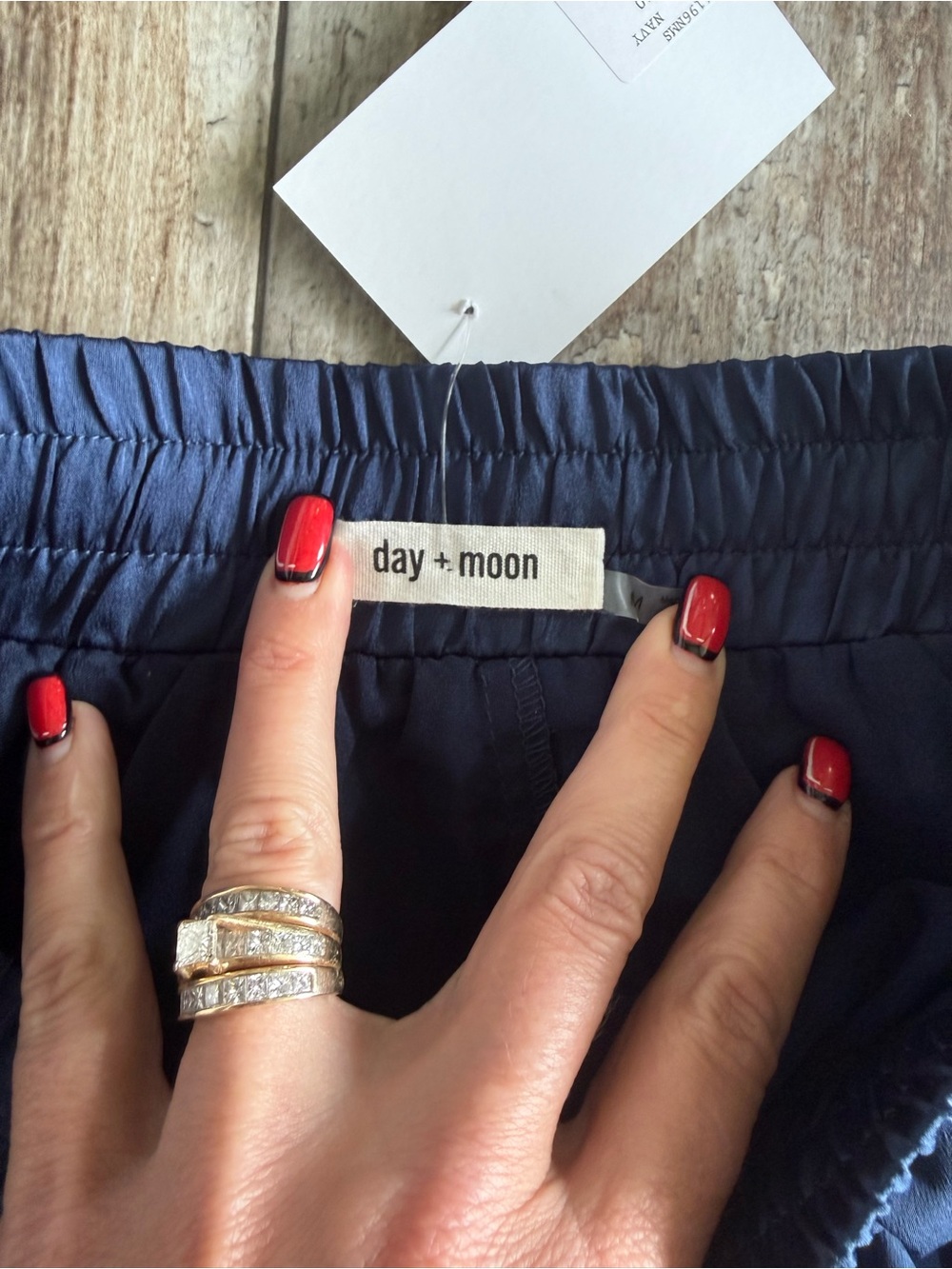 2 for $30 sale: NWT day + moon navy blue silky smocked waist ruffled shorts - M - Picture 5 of 7